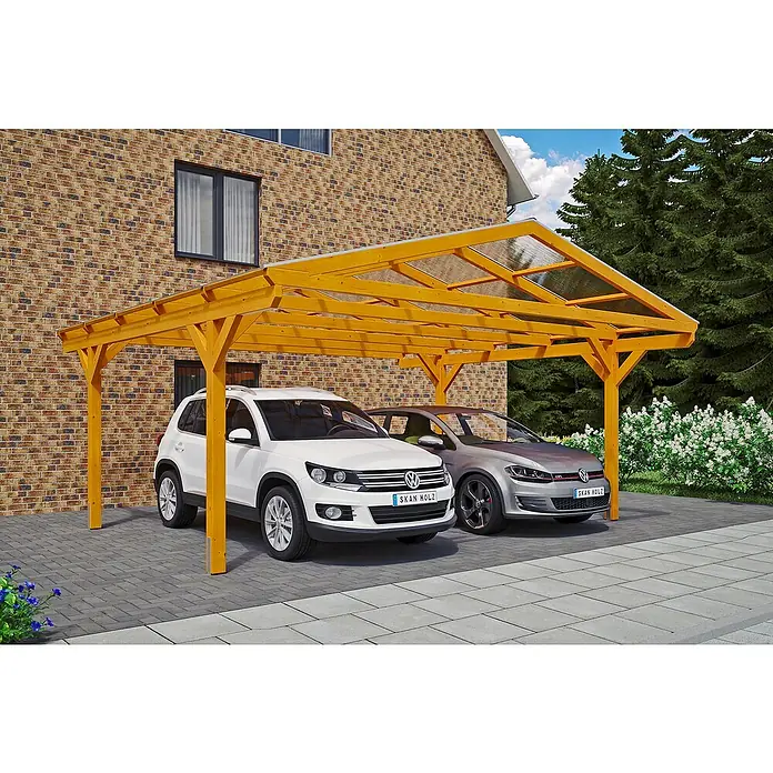 SKAN HOLZ Carport Westerwald - Außenmaß inkl. Dachüberstand (B x T): 5,7 x 5,41 m, Doppelcarport, Eiche Hell - Carport aus Holz mit zwei parkenden Autos darunter, bietet Schutz vor Witterungseinflüssen und dient als praktischer Unterstand.