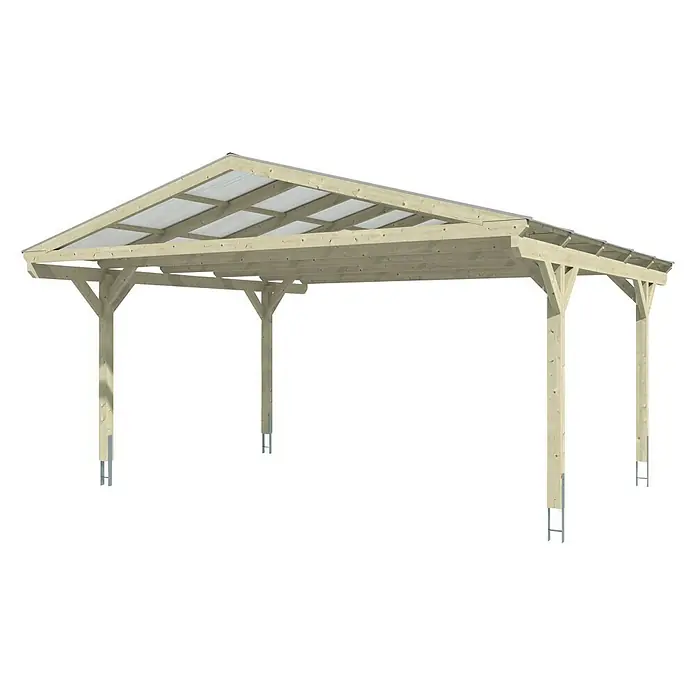 SKAN HOLZ Carport Westerwald - Außenmaß inkl. Dachüberstand (B x T): 5,7 x 5,41 m, Doppelcarport, Nussbaum - Diese Abbildung zeigt ein Carport mit Holzrahmen und transparentem Dach, ideal zum Schutz von Fahrzeugen vor Witterungseinflüssen.