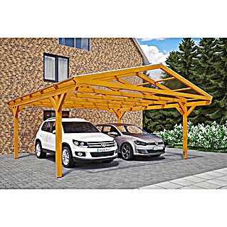 Skan Holz Carport Westerwald (Außenmaß inkl. Dachüberstand (B x T): 5,7 x 6,48 m, Doppelcarport, Eiche Hell)