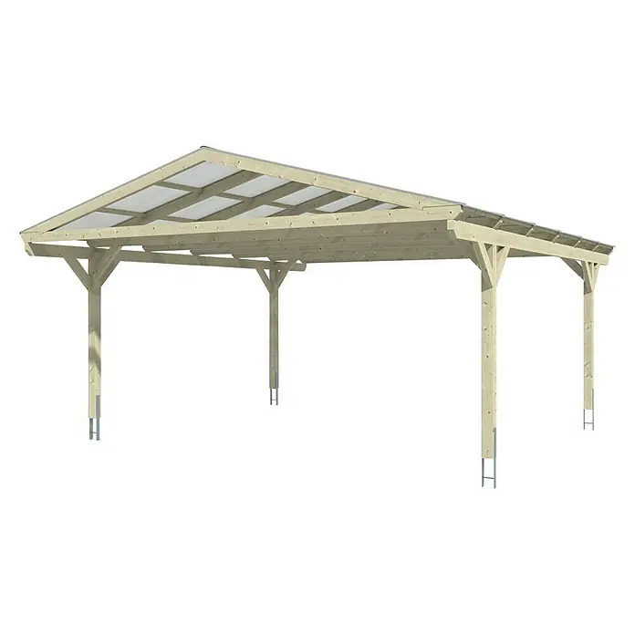SKAN HOLZ Carport Westerwald - Außenmaß inkl. Dachüberstand (B x T): 5,7 x 6,48 m, Doppelcarport, Weiß - Eine perspektivische Ansicht eines Holzcarports mit transparentem Dach, ideal zum Schutz Ihres Fahrzeugs vor Witterungseinflüssen.