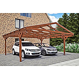 Skan Holz Carport Westerwald (Außenmaß inkl. Dachüberstand (B x T): 5,7 x 6,48 m, Doppelcarport, Nussbaum)