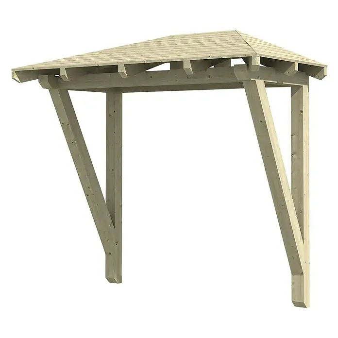 Skan Holz Walmvordach Wismar 2258 x 126 x 208 cm, Natur - Detailansicht einer Holzpergola mit Dach und Stützpfeilern. Ein attraktives Gartenelement für Entspannung im Freien und als Rankhilfe.