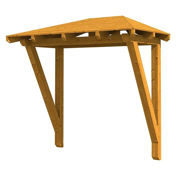 Skan Holz Walmvordach Wismar 2258 x 126 x 208 cm, Eiche Hell - Nahaufnahme eines hölzernen Gartenpavillons mit geneigtem Dach, der rustikale Eleganz und Schutz vor der Sonne bietet.