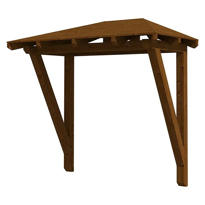 Skan Holz Walmvordach Wismar 2258 x 126 x 208 cm, Nussbaum - Braune Holzpergola mit schattenspendendem Dach, ideal für Gärten oder Terrassen, die einen rustikalen Charme versprühen.