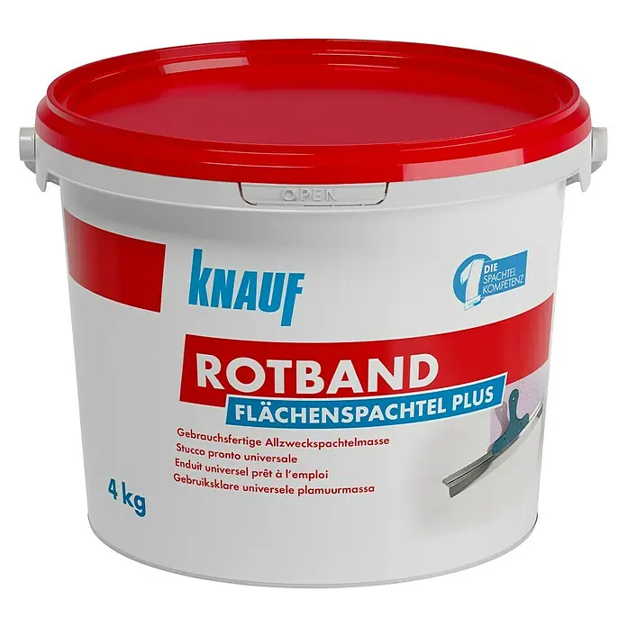 Knauf Rotband Flächenspachtel Plus - 4 kg - Ein Eimer Knauf Rotband Flächenspachtel Plus, gebrauchsfertige Allzweckspachtelmasse für glatte Flächen.