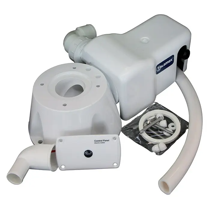 Talamex Umrüst-Set - 12 Volt, Elektrische Wasserspülung - Elektrische Toilette von Talamex, bestehend aus Toilette, Pumpe, Bedienfeld und Zubehör für einfache Installation. Kompakte Lösung.