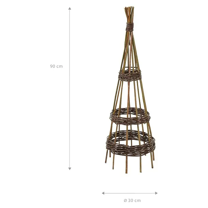 Rankhilfe - Höhe: 90 cm, Weide, Naturbraun - Bild eines Weidenobelisken, ideal für Kletterpflanzen im Garten. Er ist 90 cm hoch und hat einen Durchmesser von 30 cm.