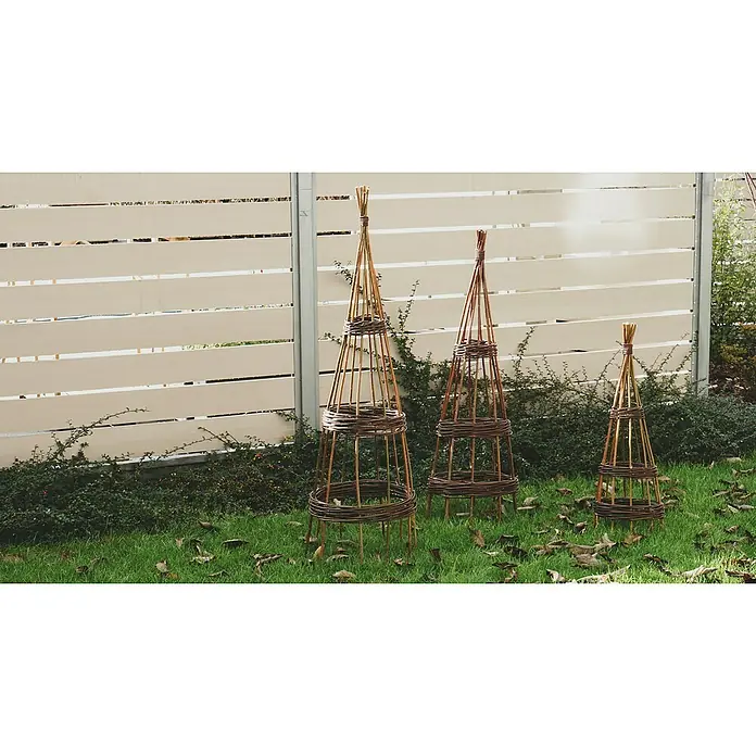 Rankhilfe - Höhe: 90 cm, Weide, Naturbraun - Drei handgefertigte Weidenobelisken für Kletterpflanzen im Garten, ideal als Rankhilfe und Gartendekoration.