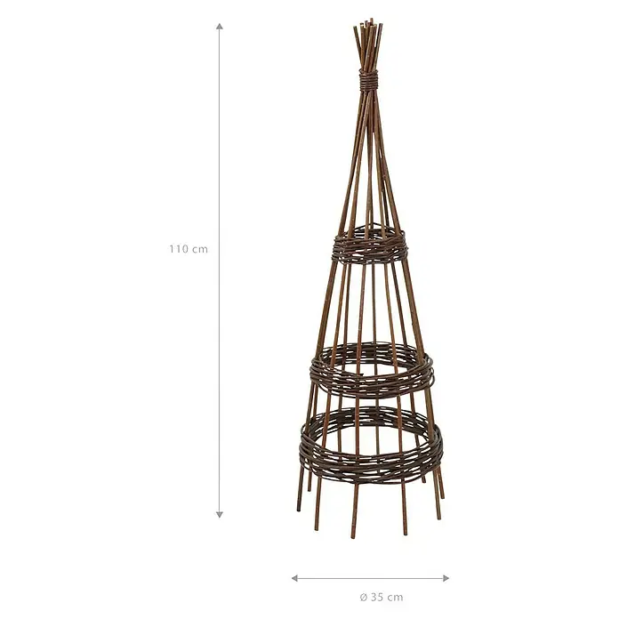 Rankhilfe - Höhe: 110 cm, Weide, Naturbraun - Diese Aufnahme zeigt ein Rankgitter aus Weide, das eine Höhe von 118 cm und einen Durchmesser von 35 cm hat und Pflanzen idealen Halt bietet.