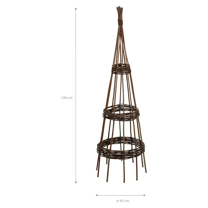 Rankhilfe - Höhe: 130 cm, Weide, Naturbraun - Das Bild zeigt eine kegelförmige Rankhilfe aus Holz, ideal für Kletterpflanzen im Garten. Ihre natürliche Optik fügt sich gut ins Grün ein.