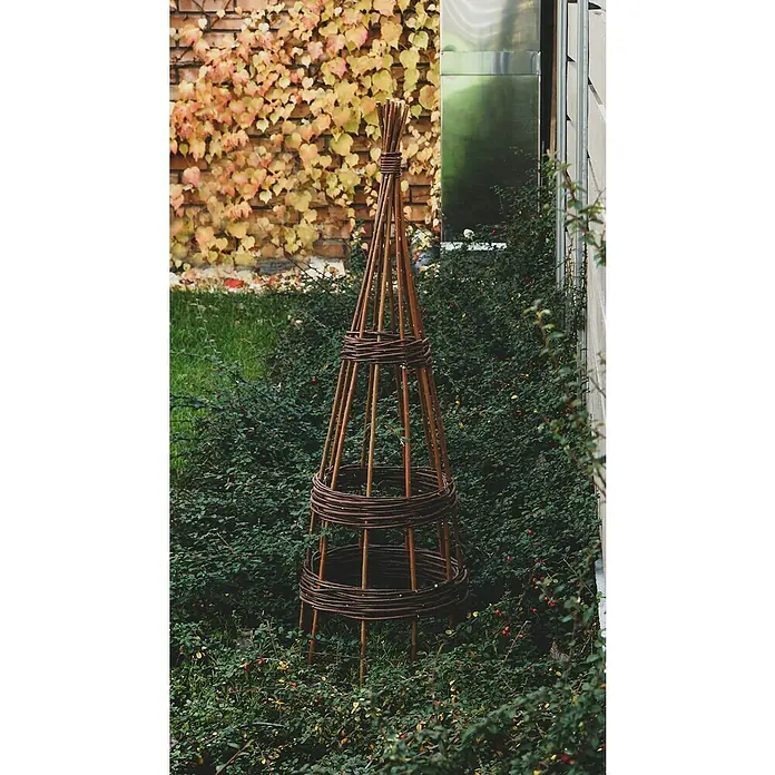 Rankhilfe - Höhe: 130 cm, Weide, Naturbraun - Bild einer dekorativen Rankhilfe aus Weide im Garten, ideal für Kletterpflanzen und zur Gartendekoration.