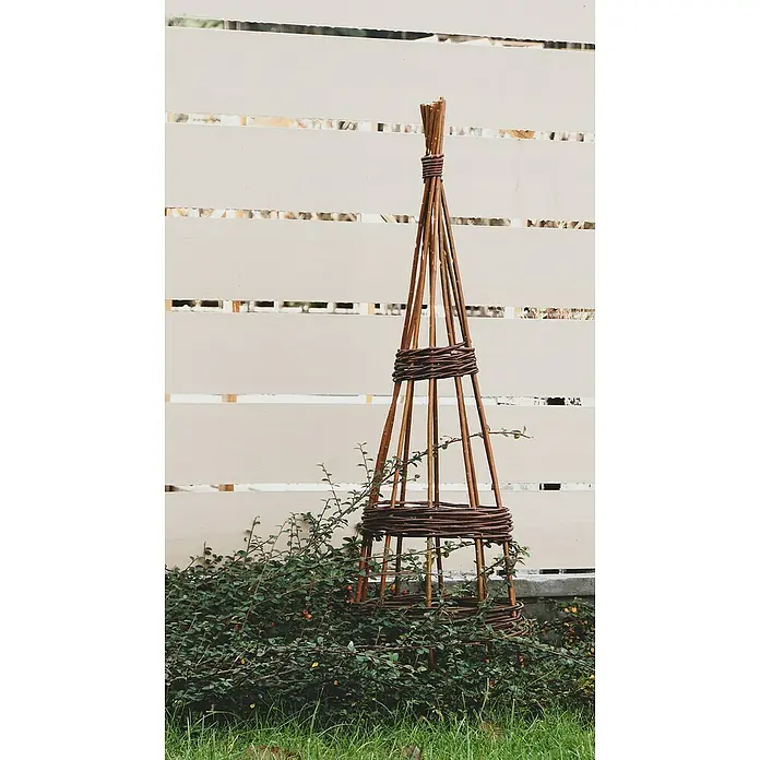 Rankhilfe - Höhe: 150 cm, Weide, Naturbraun - Ein dekoratives Rankgerüst aus Weide steht vor einem weißen Holzzaun, teilweise von grünen Pflanzen umgeben. Es bietet Pflanzen eine Kletterhilfe.