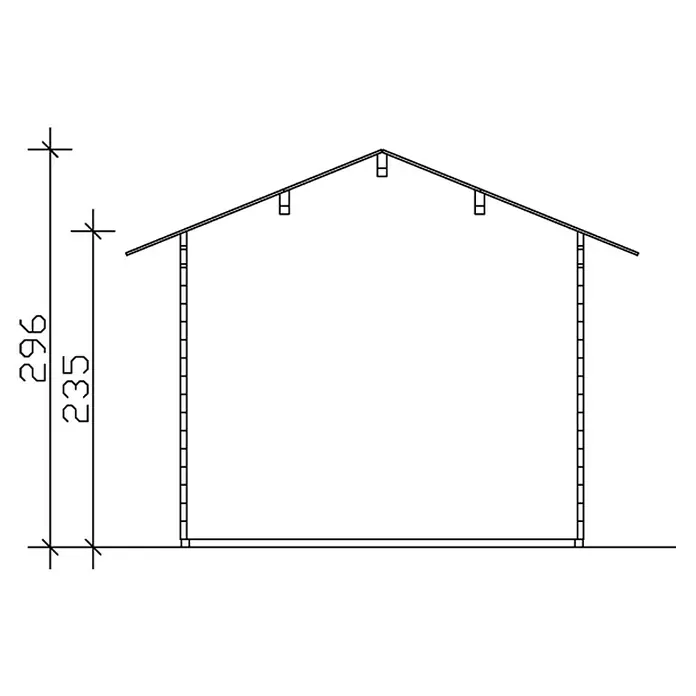 SKAN HOLZ Gartenhaus Lausanne - Außenmaß inkl. Dachüberstand (B x T): 530 x 380 cm, Holz, Natur, Grundfläche: 13,5 m² - Querschnitt eines Holzgebäudes mit geneigtem Dach, das die Gesamt- und Wandhöhen in Zentimetern angibt.