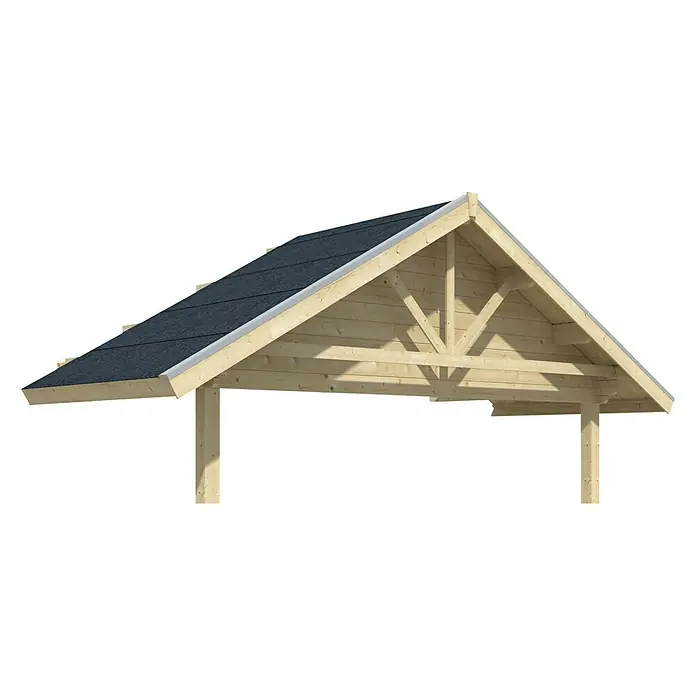 SKAN HOLZ Vordach Toronto - 212 x 420 cm, 1 Lage Dachschalung - Bild eines Holzunterstandes mit Satteldach, ideal als Carport oder Terrassenüberdachung, in natürlicher Holzfarbe und mit schwarzem Dachbelag.