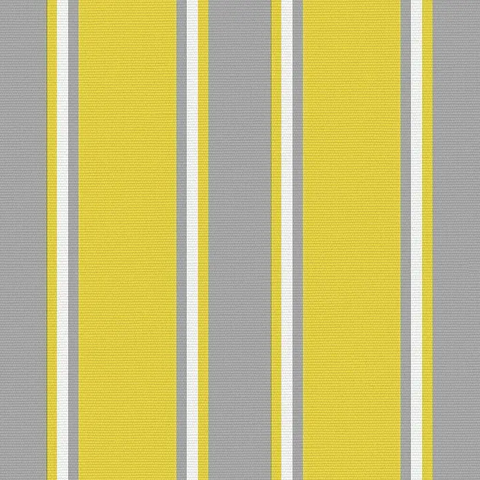SmartSun Lona para toldo Poliéster - Amarillo / gris, Ancho: 3 m, Caída: 2 m - Primer plano de un patrón de tela a rayas en gris, blanco y amarillo que muestra la textura y el diseño lineal.