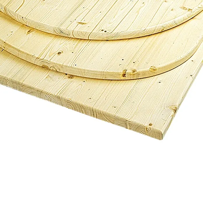 Rettenmeier Tablero de mesa - Diámetro: 110 cm, Espesor: 2,8 cm, Abeto rojo, Redonda - Vista de estantes de madera apilados sobre una superficie negra.