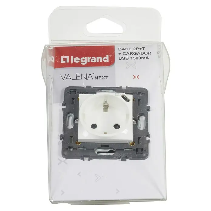 Legrand Valena Next Enchufe con USB - Blanco, Metal, 16 A - Enchufe Legrand Valena Next 2P+T con cargador USB en su embalaje original. Un enchufe práctico para el día a día.