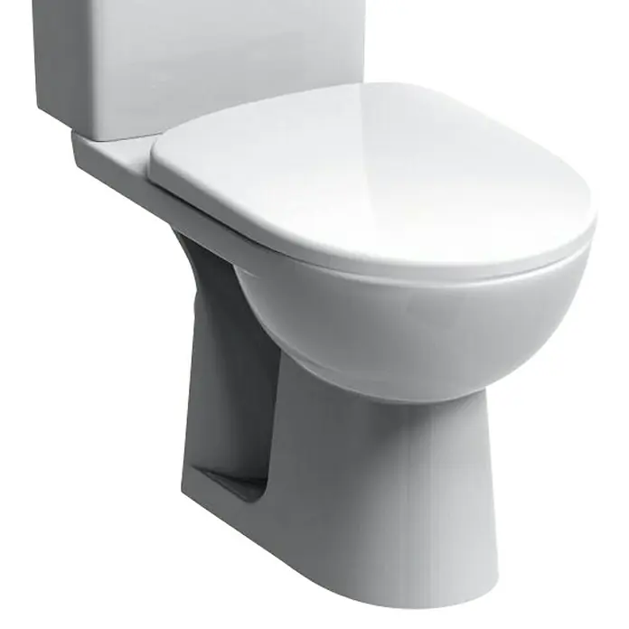 Geberit Renova Stand-WC für Kombination - Mit Spülrand, Mit schmutzabweisender Glasur, Spülform: Tief, WC Abgang: Waagerecht, Weiß - Nahaufnahme einer weißen Toilette mit geschlossenem Deckel. Das Design ist modern und minimalistisch, ideal für jedes Badezimmer.