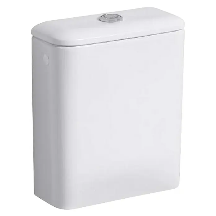 Geberit iCon Spülkasten Square - Mit schmutzabweisender Glasur, Keramik, Weiß - Ein Stand-WC-Spülkasten in Weiß mit einem abgerundeten Design und einem Knopf auf der Oberseite. Er ist modern und minimalistisch gestaltet.