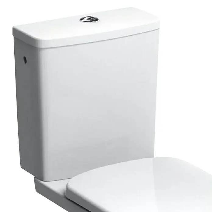 Geberit Renova Spülkasten - Mit schmutzabweisender Glasur, Keramik, Weiß - Nahaufnahme einer weißen Toilettenspülung mit glatter Oberfläche und minimalistischem Design, ideal für moderne Badezimmer.