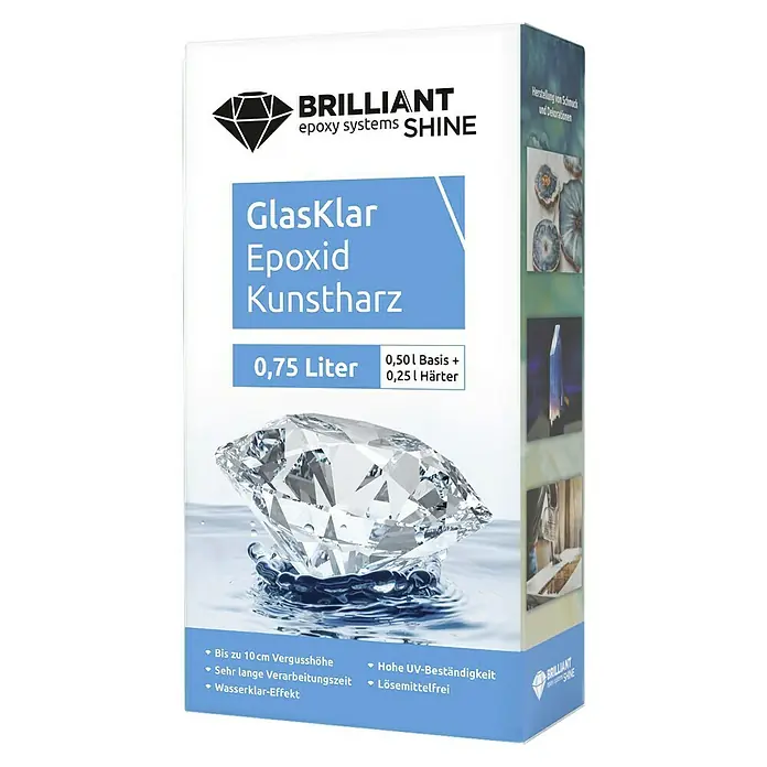 Epoxidharz Kunstharz Brilliant Shine - Glasklar, 0,75 l - Produktverpackung für BRILLIANT Shine Epoxidharz, glasklar, 0,75 Liter, ideal für Schmuck und Dekorationen mit hoher UV-Beständigkeit.