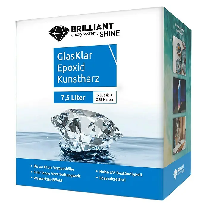 Epoxidharz Kunstharz Brilliant Shine - Glasklar, 7,5 l - Produktbild eines Brillaint Shine Glasklar Epoxid Kunstharz-Sets mit 7,5 Litern Gesamtinhalt, ideal für klare und beständige Kunstharzprojekte.