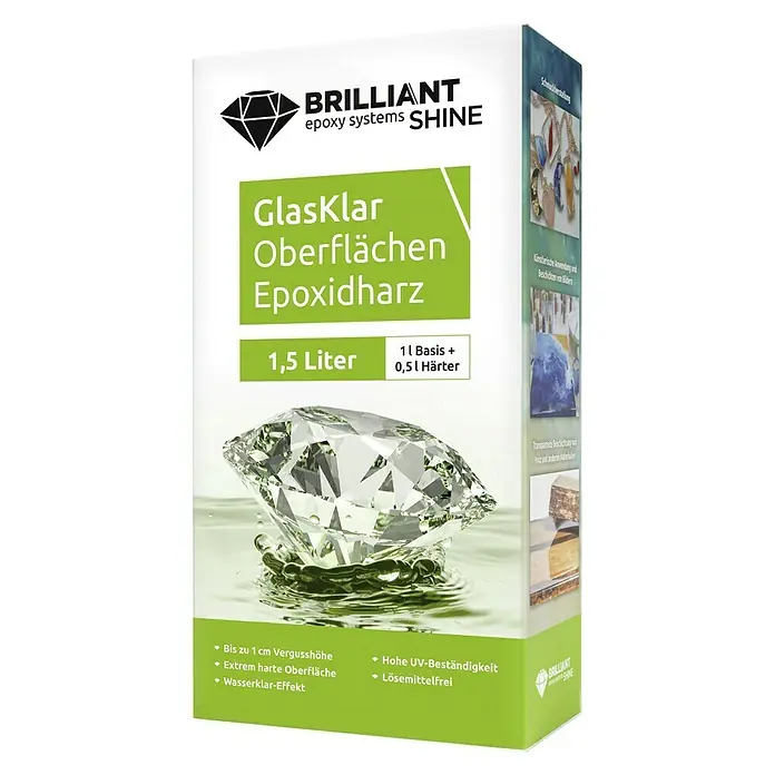 Epoxidharz Oberflächenharz Brilliant Shine - Glasklar, 1,5 l - Produktbild von "Brilliant Shine" Epoxidharz für klare Oberflächen, 1,5 Liter Gebinde mit Diamantenmotiv.