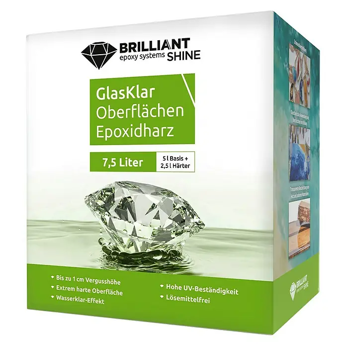 Epoxidharz Oberflächenharz Brilliant Shine - Glasklar, 7,5 l - Produktbild von "BRILLIANT Shine" Epoxidharz, einem glasklaren Oberflächenharz in einer 7,5-Liter-Packung, ideal für Kunstharzprojekte und Beschichtungen.