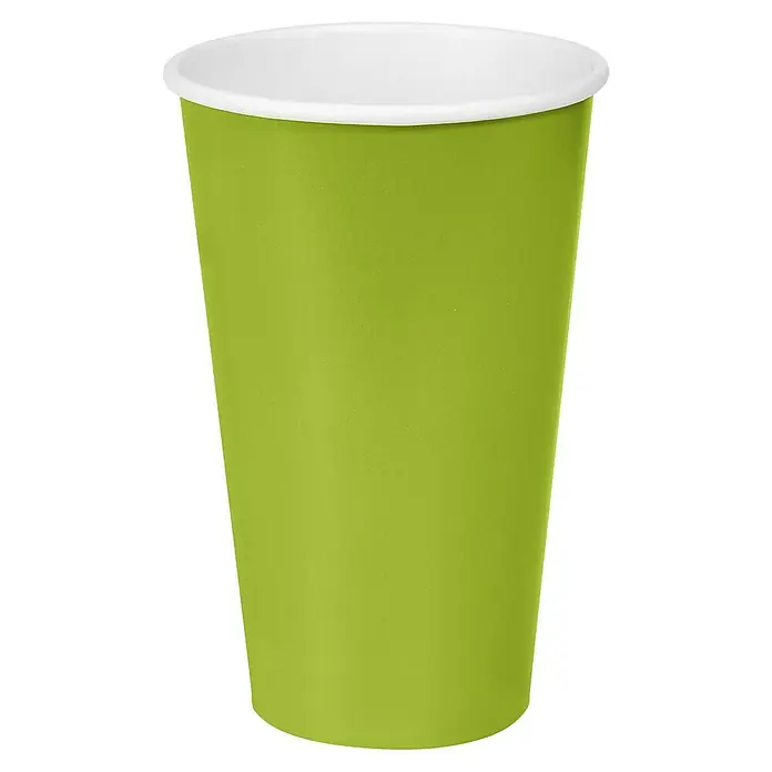 Duni Pappbecher - 10 Stk., Fassungsvermögen: 50 cl, Green - Ein grüner Pappbecher mit weißem Rand, ideal für Getränke auf Partys oder im Alltag. Der Becher ist leer und steht vor einem schwarzen Hintergrund.