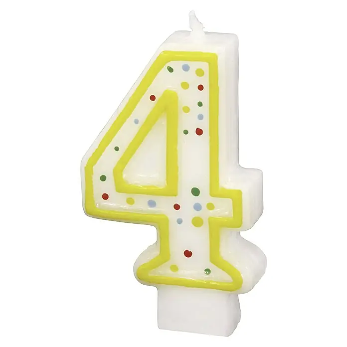 Kerze Zahlenkerze - Motiv: 4, Bunt, 7,3 cm - Geburtstagsfeier-Kerze in Form der Zahl 4, weiß mit gelbem Rand und bunten Punkten, ideal für den Geburtstagskuchen.