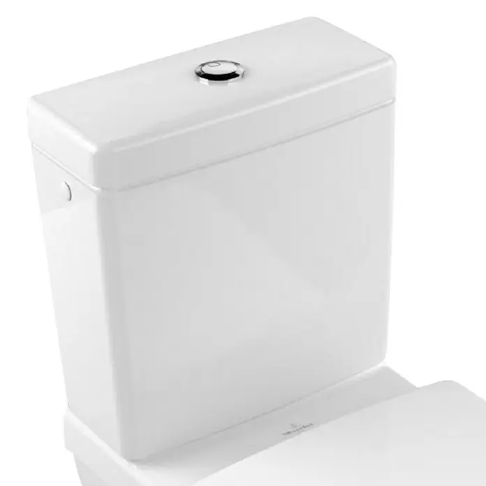 Villeroy & Boch Architectura Spülkasten - Mit schmutzabweisender Glasur, Keramik, 18,5 x 37 x 41 cm - Detailaufnahme eines modernen, weißen WC-Spülkastens mit elegantem Design und Chrom-Druckknopf. Ideal für stilvolle Badezimmer.