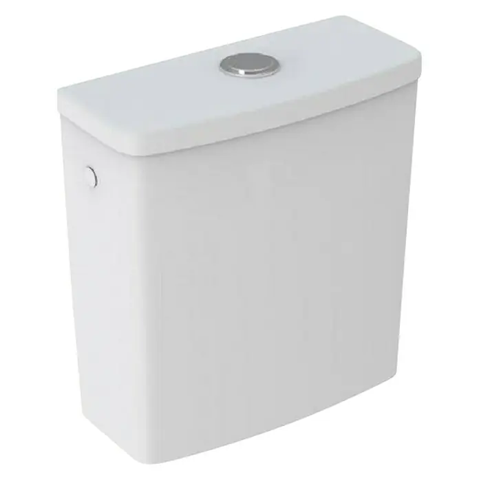 Geberit Renova Spülkasten - Ohne Spezialglasur, Keramik, Weiß - Nahaufnahme eines Spülkastens für Toiletten in Weiß mit einem silbernen Knopf zum Betätigen der Spülung.