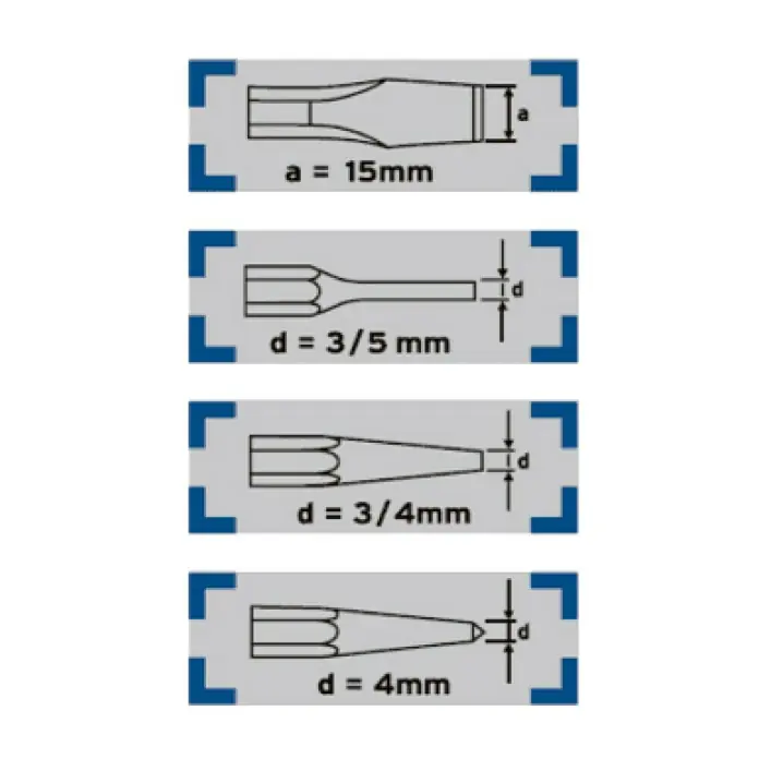 Meißel-Set - 6 -tlg. - Abbildung von vier verschiedenen Lötspitzenformen mit den Maßen a=15mm, d=3/5 mm, d=3/4mm und d=4mm für präzise Lötarbeiten.