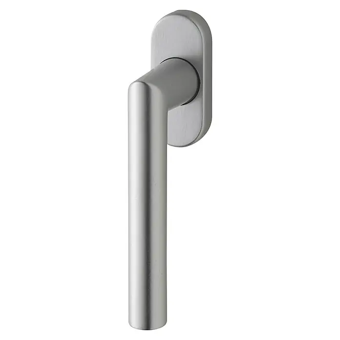 Portaferm Fenstergriff - Silber, Form Drücker: L-Form, Edelstahl - Nahaufnahme eines silberfarbenen Fenstergriffs mit einem schlanken, zylindrischen Design und einer abgerundeten Basis, die sich durch ein elegantes Aussehen auszeichnet.