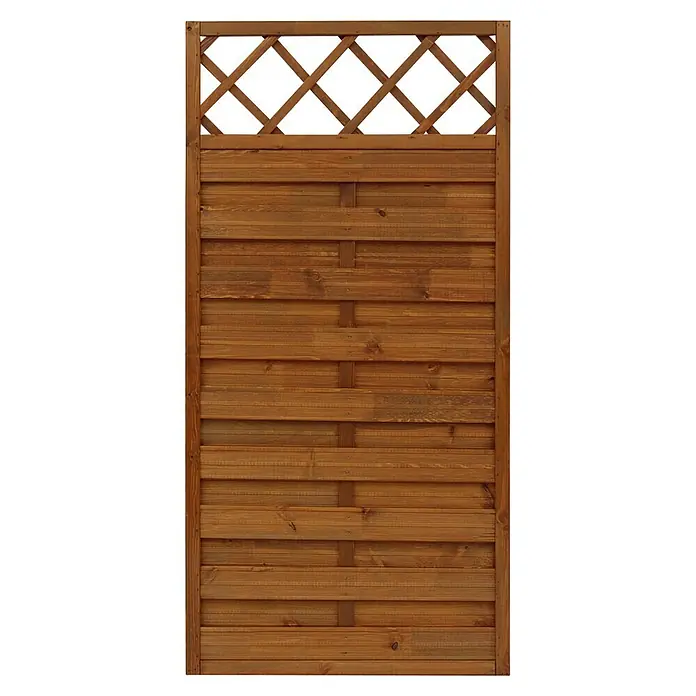 Andrewex Sichtschutzelement Hamburg - 180 x 90 cm, Teak - Holzzaun mit dekorativem Gittermuster oben. Der Zaun ist aus braunem Holz gefertigt und bietet Privatsphäre und Schutz für den Garten.