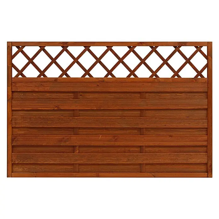 Andrewex Sichtschutzelement Hamburg - 120 x 180 cm, Teak - Ein brauner Holzzaun mit dekorativem Rautenmuster im oberen Bereich, ideal für den Garten oder zur Grundstücksbegrenzung.