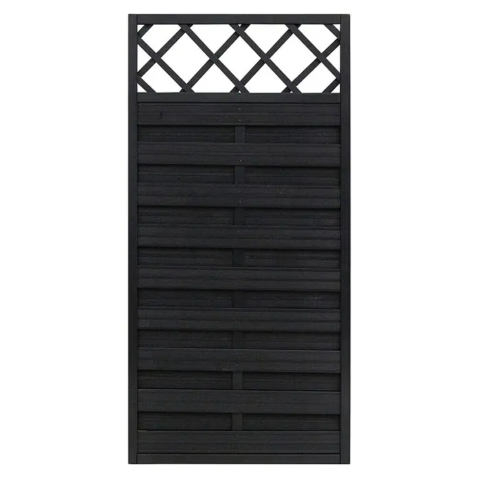 Andrewex Sichtschutzelement Hamburg - 90 x 180 cm, Anthrazit - Ein stilvoller schwarzer Holzzaun mit dekorativem Gittermuster im oberen Bereich, ideal als Sichtschutz und zur Gartengestaltung.