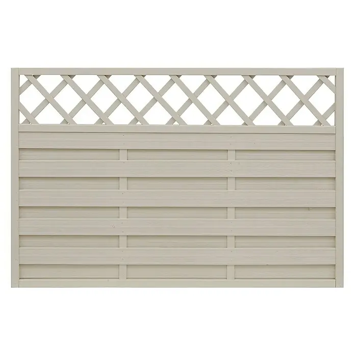 Andrewex Sichtschutzelement Hamburg - 180 x 120 cm, Latte - Ansicht eines beigen Gartenzauns aus Holz mit einem dekorativen Rautenmuster, ideal für Privatsphäre und Gartengestaltung.