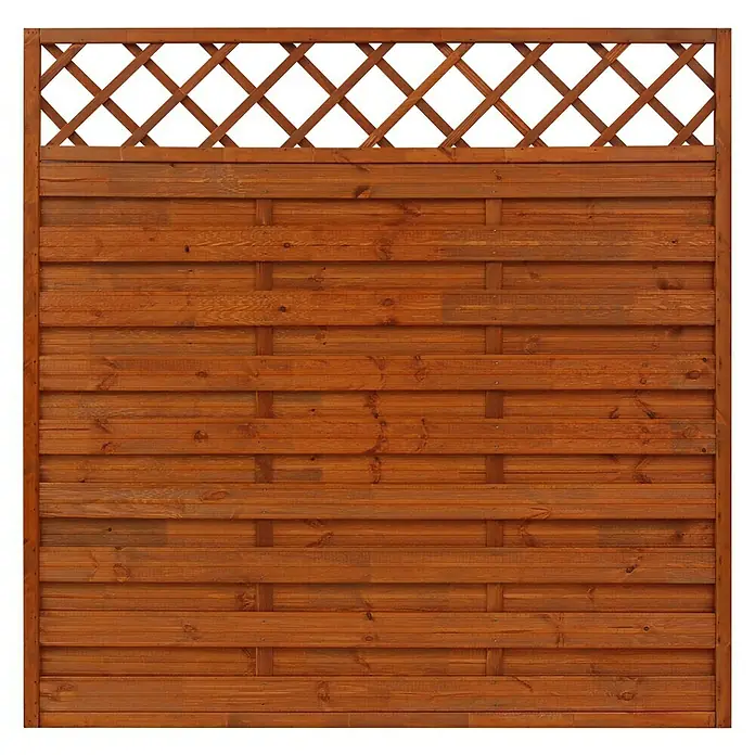 Andrewex Sichtschutzelement Hamburg - 180 x 180 cm, Teak - Eine braune Holzwand mit Lattenrost im oberen Bereich, ideal für den Garten oder als Sichtschutz.