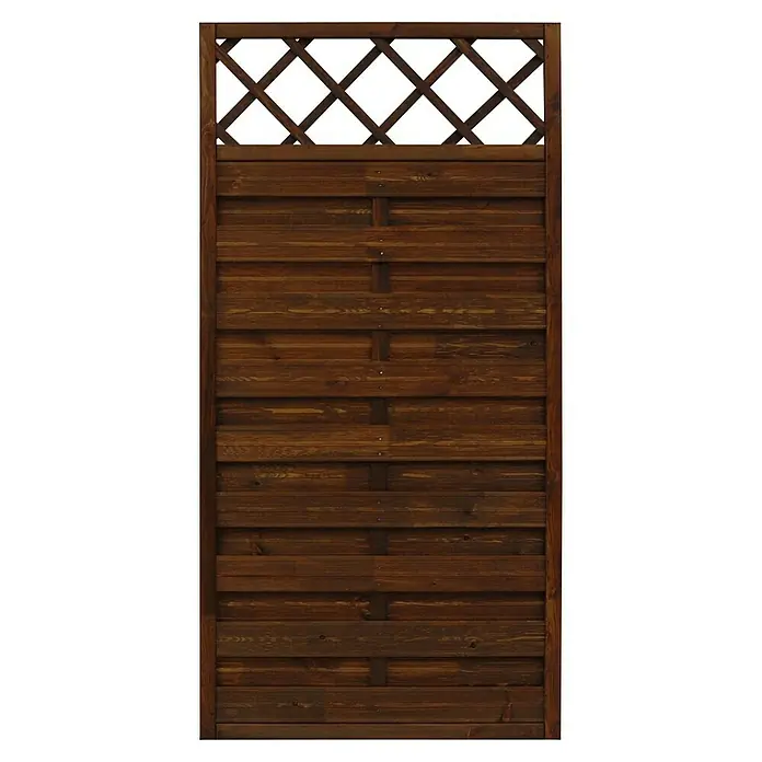 Andrewex Sichtschutzelement Hamburg - 90 x 180 cm, Braun - Nahaufnahme eines Holzzauns mit Gittermuster und horizontalen Brettern, ideal für Garten oder Grundstücksbegrenzung.