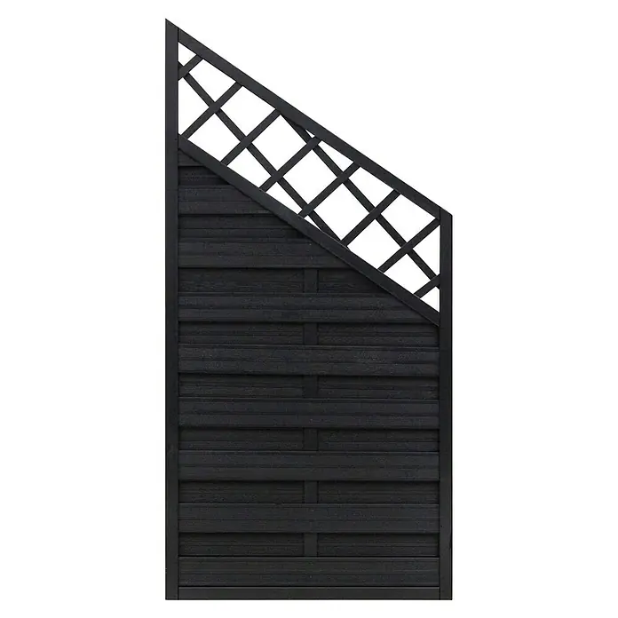 Andrewex Sichtschutzelement Hamburg - 90 x 120/180 cm, Anthrazit - Ein modernes, schwarzes Zaunelement mit dekorativem Lattenmuster im oberen Bereich, ideal für stilvolle Gartengestaltung und Privatsphäre.