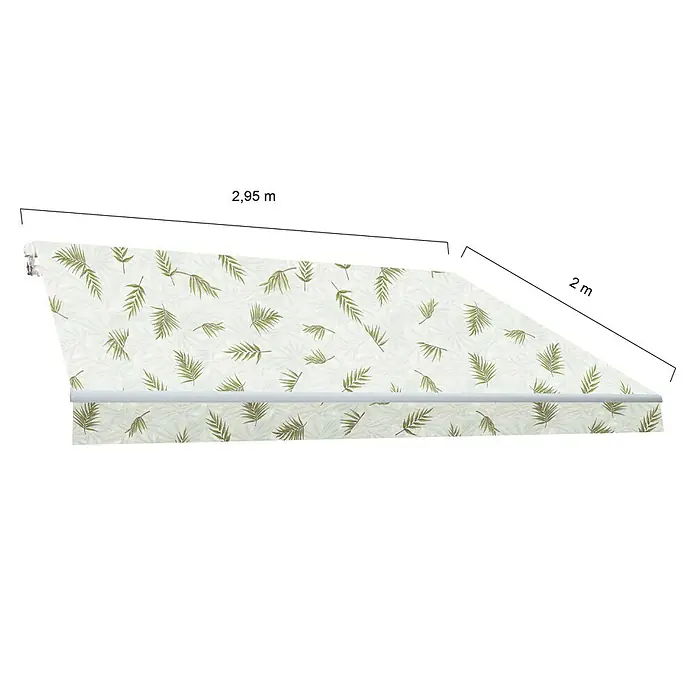 SmartSun Toldo de brazos extensibles Original Kit Tropical - Ancho: 3 m, Caída: 2 m - Vista detallada de un toldo con un estampado de hojas y especificaciones de tamaño. El toldo mide 2,95 m de ancho y tiene una proyección de 2 m.