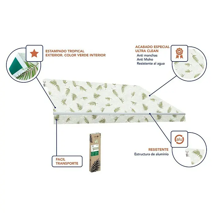 SmartSun Toldo de brazos extensibles Original Kit Tropical - Ancho: 3 m, Caída: 2 m - Esta imagen muestra un toldo con estampado tropical, destacando su acabado Ultra Clean y la estructura de aluminio resistente.