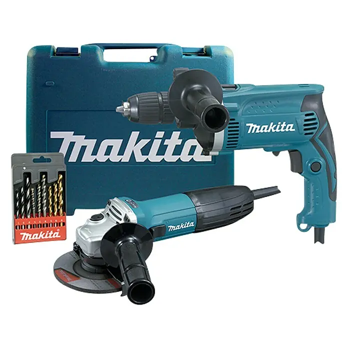 Makita Set de taladro percutor + miniamoladora DK0049X1 - 710 W, 3.200 r.p.m. - Juego de herramientas Makita con taladro, amoladora angular y accesorios en una caja de transporte azul, ideal para profesionales y aficionados al bricolaje.