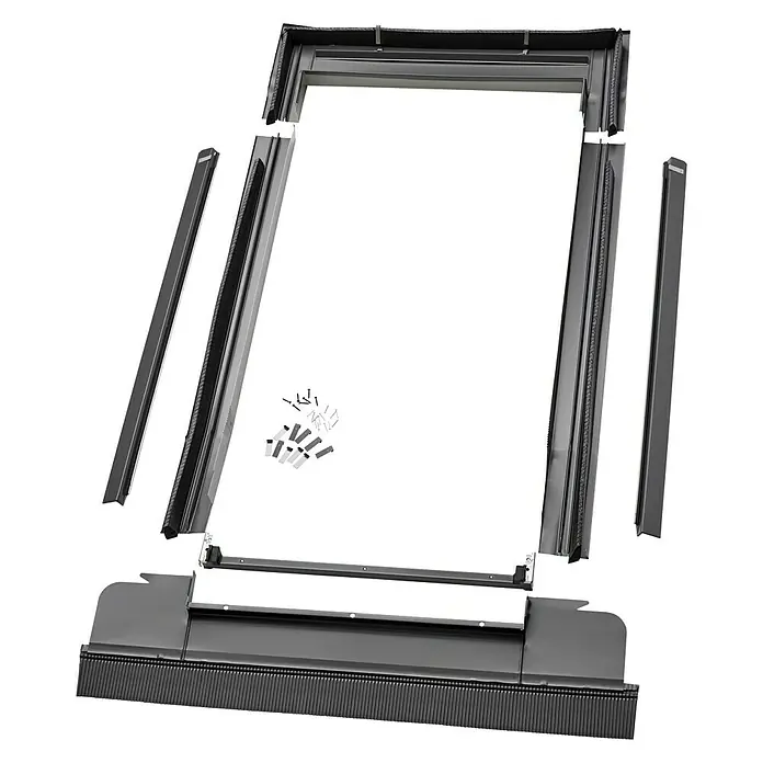 Velux Eindeckrahmen EDW 2000 MK04 - 78 x 98 cm - Produktansicht eines VELUX-Dachfensters mit abgenommener Verkleidung und Zubehör, das die Komponenten und die Konstruktion hervorhebt.