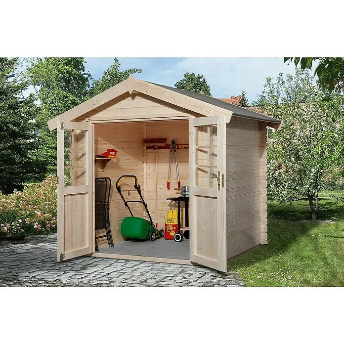 Weka Gartenhaus 209 - Außenmaß inkl. Dachüberstand (B x T): 253 x 234 cm, Holz, Natur, 4 m² - Geräumiges Gartenhaus aus Holz mit Doppeltür und ausgestattet mit Gartengeräten für die perfekte Aufbewahrung im Außenbereich.