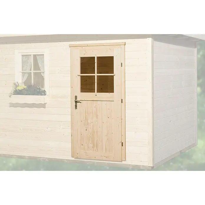 Weka Zusatztür - Passend für: Weka Gartenhäuser Wandstärke 45 mm, 97 x 182 cm - Detailansicht einer Holztür mit Fensterteil in einem hellen Holzhaus. Die Tür verfügt über einen Griff und ein Schloss.