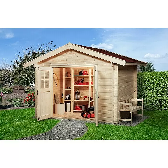 Weka Gartenhaus Premium 45 - Außenmaß inkl. Dachüberstand (B x T): 300 x 280 cm, Holz, Natur, 6,25 m² - Stimmungsaufnahme
