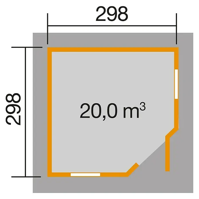 Weka Gartenhaus 149 - Außenmaß inkl. Dachüberstand (B x T): 380 x 380 cm, Holz, Natur, 8,88 m² - Grundriss eines rechteckigen Gebäudes mit den Maßen 298 x 298 und einem Volumen von 20,0 m³. Ideal für Lagerung.