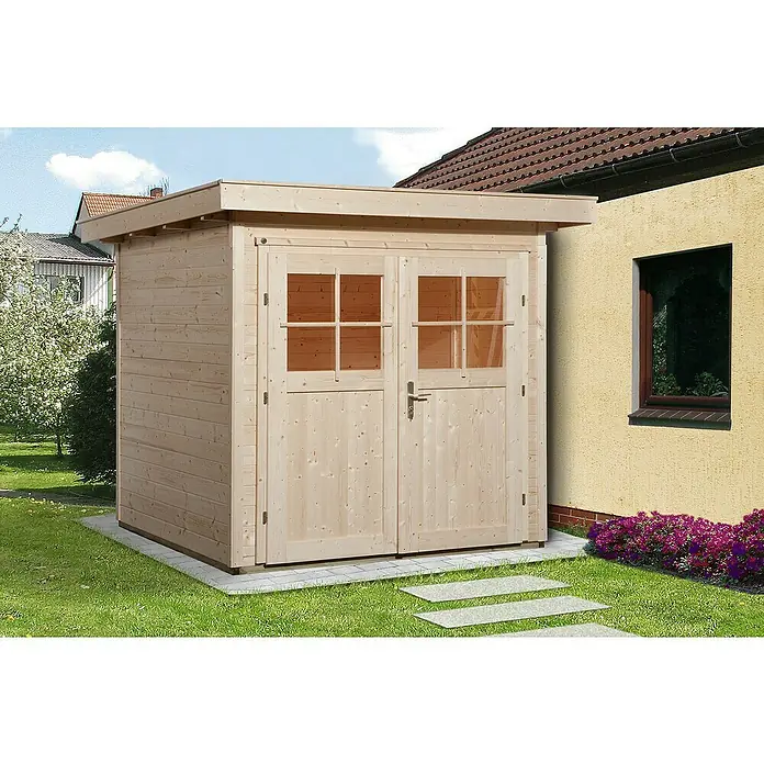 Weka Gartenhaus 227 - Außenmaß inkl. Dachüberstand (B x T): 229 x 253 cm, Holz, Natur, 4,285 m² - Geräumiger Holzschuppen mit Doppeltür und Fenstern, ideal zur Gartenaufbewahrung.